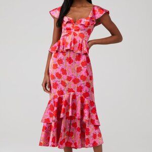 Show Me Your Mumu SMYM Reese Ruffle Midi Dress in Pink Red Smooch Floral Satin